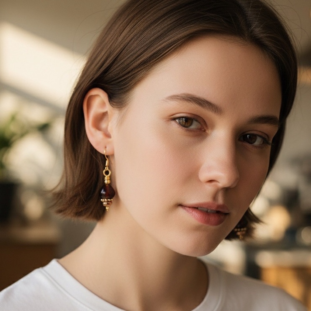 Handmade Brown/Amber Glass/Metal Dangle Earrings